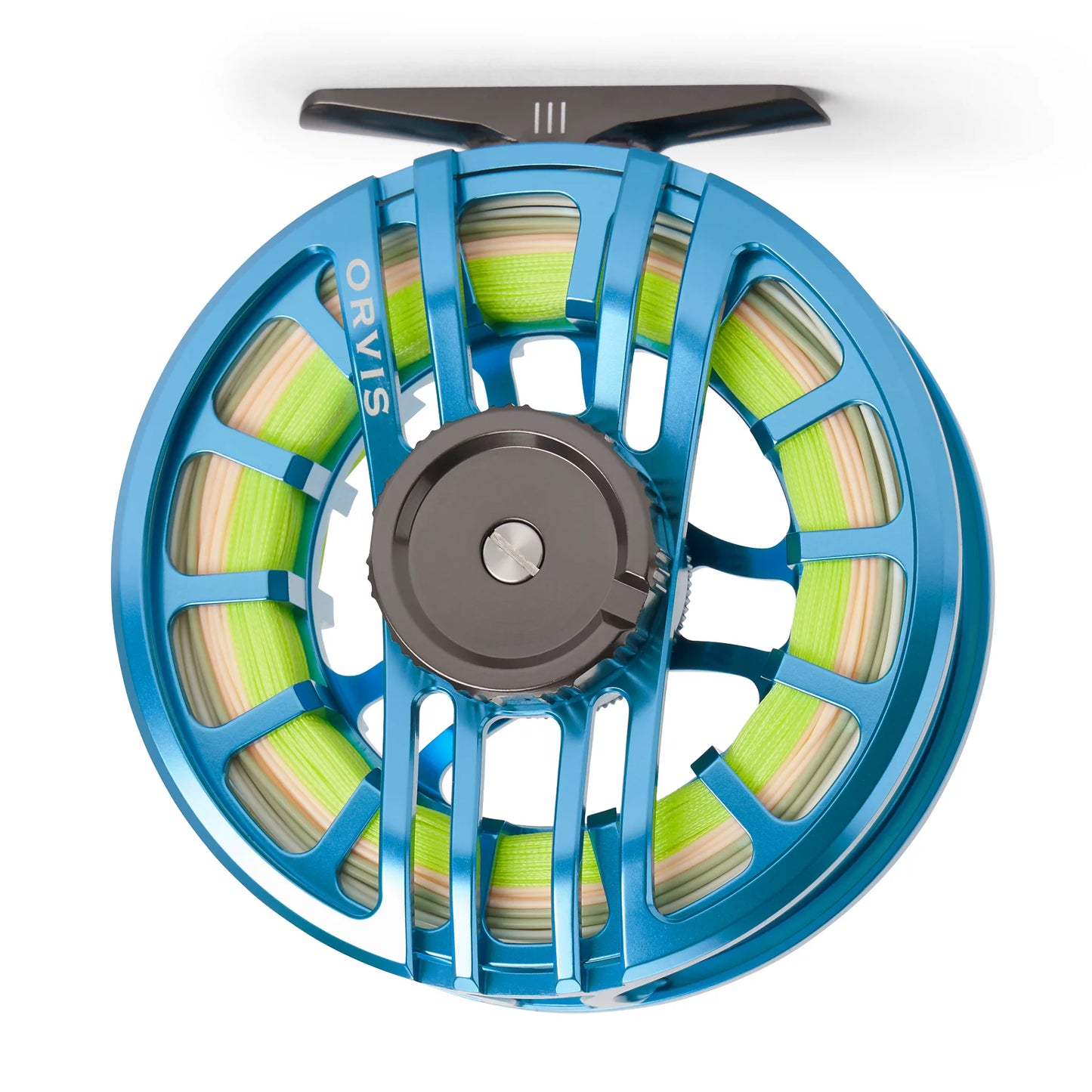 Blue fishing reel with green spool on a white background