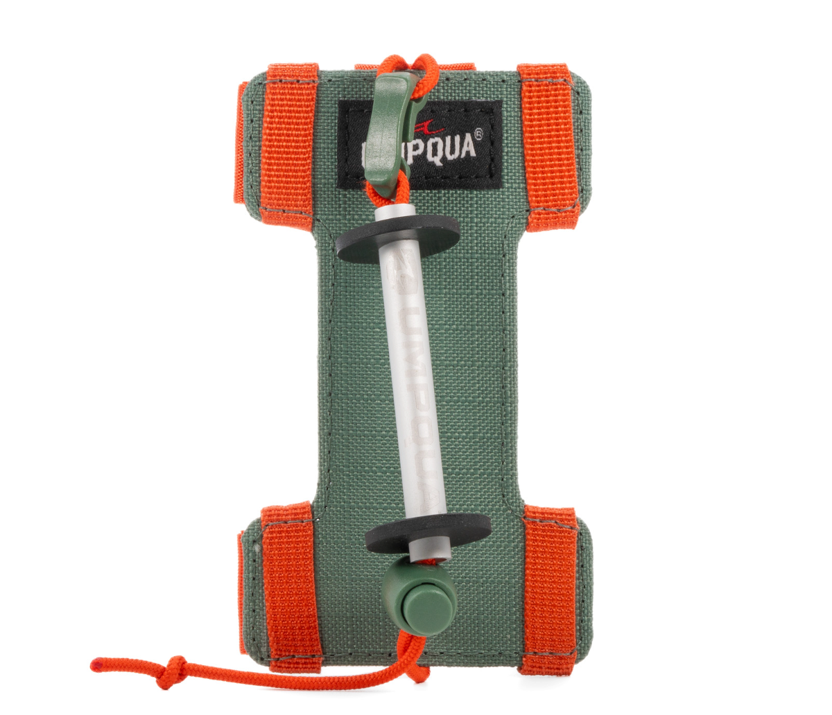 Umpqua Northfork Tippet Holder in pine colorway, showing six tippet spool capacity and versatile attachment design.
