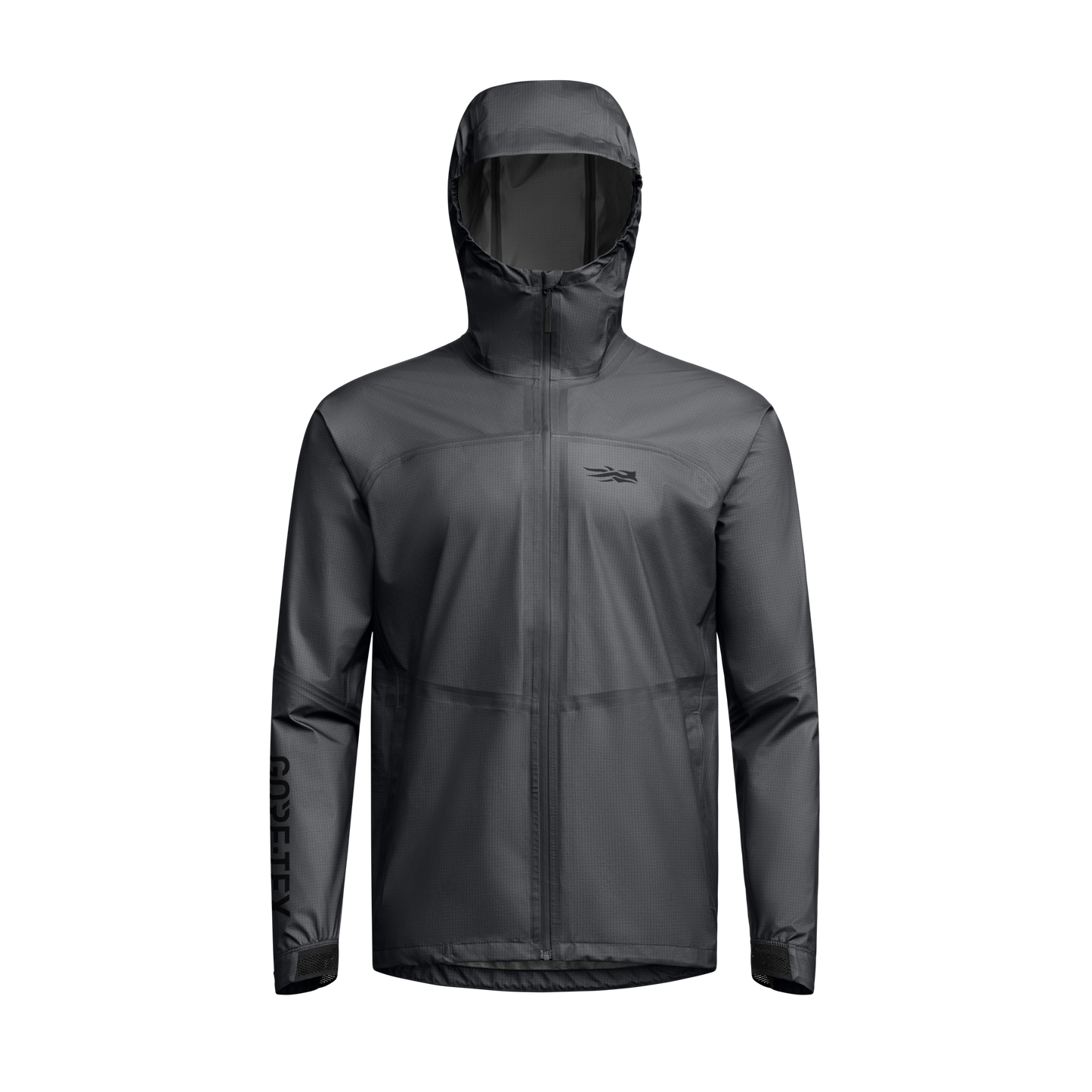 Dark gray rain jacket with a hood on a white background