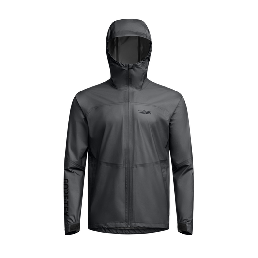 Dark gray rain jacket with a hood on a white background