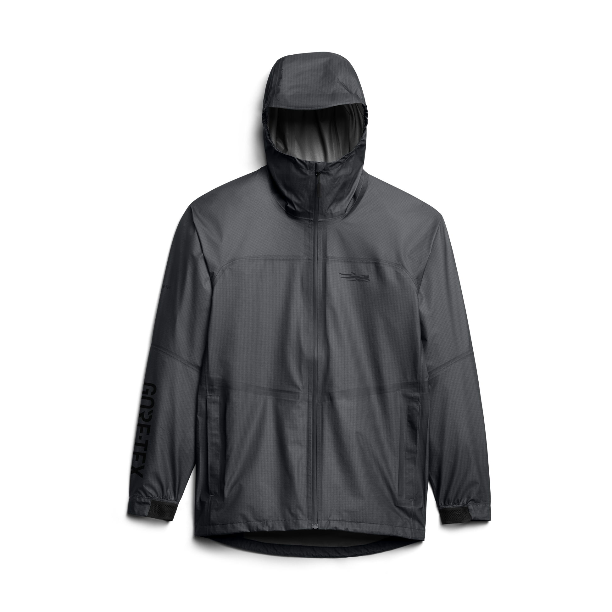 Dark gray raincoat with a hood on a white background