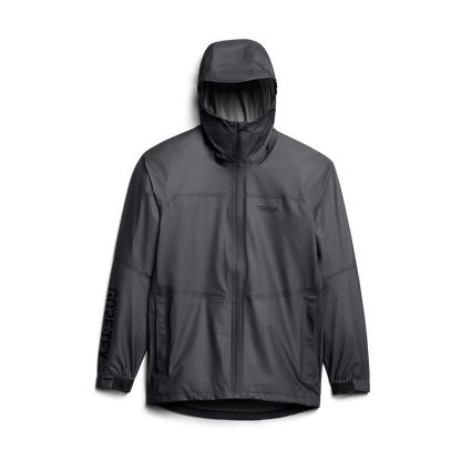 Dark gray raincoat with a hood on a white background
