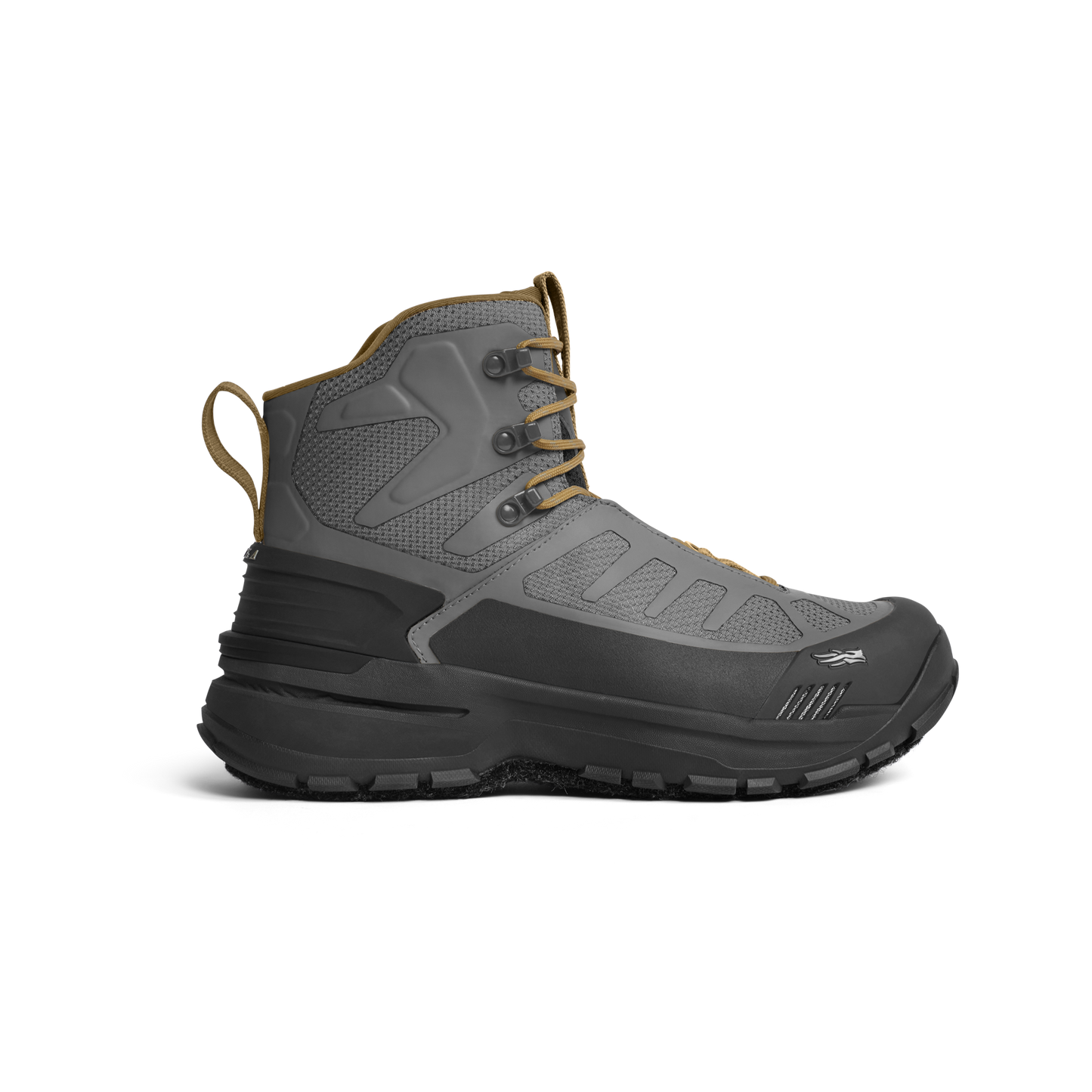Gray and black hiking boot on a white background