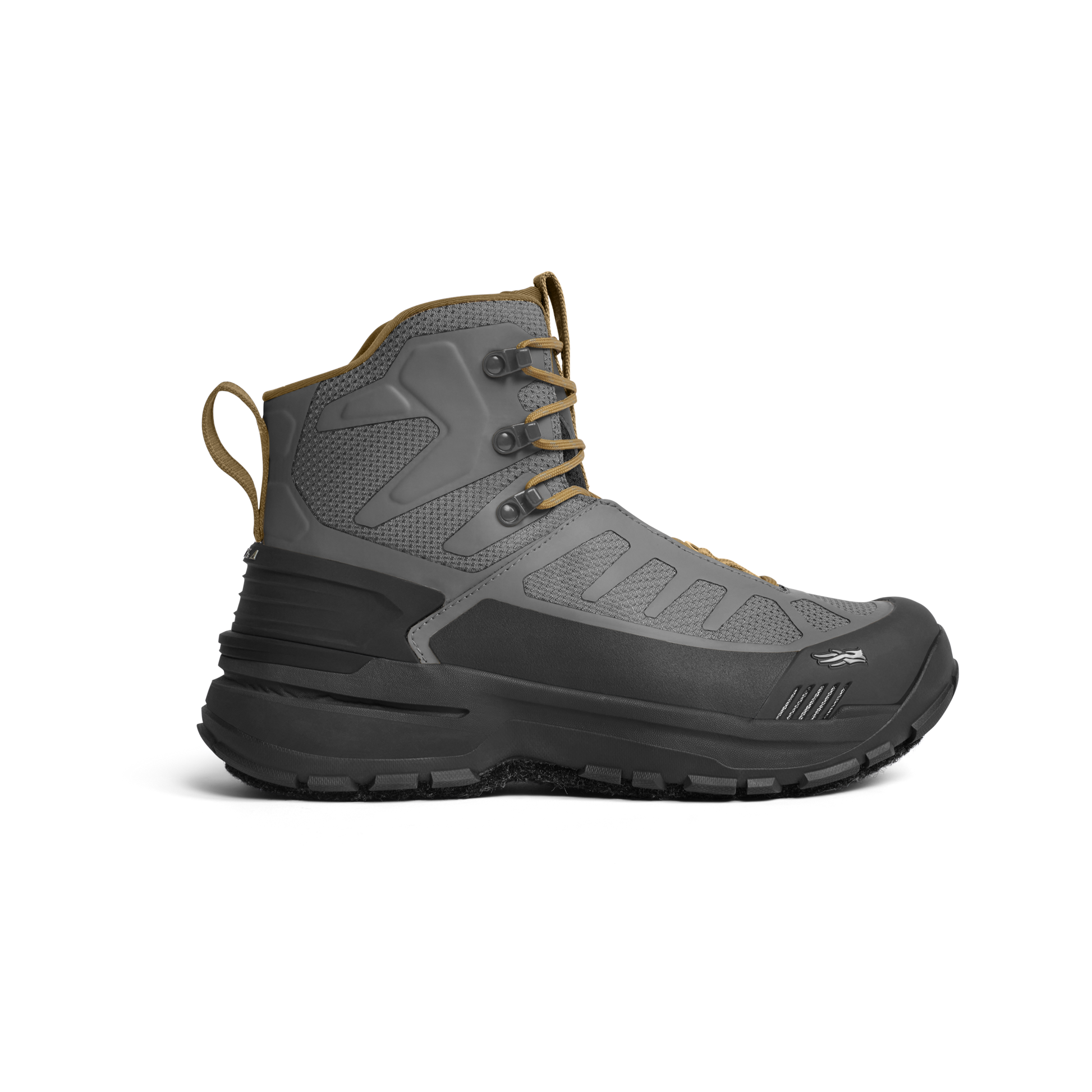 Gray and black hiking boot on a white background