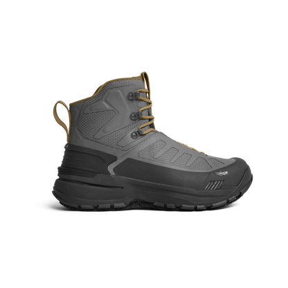 Gray and black hiking boot on a white background