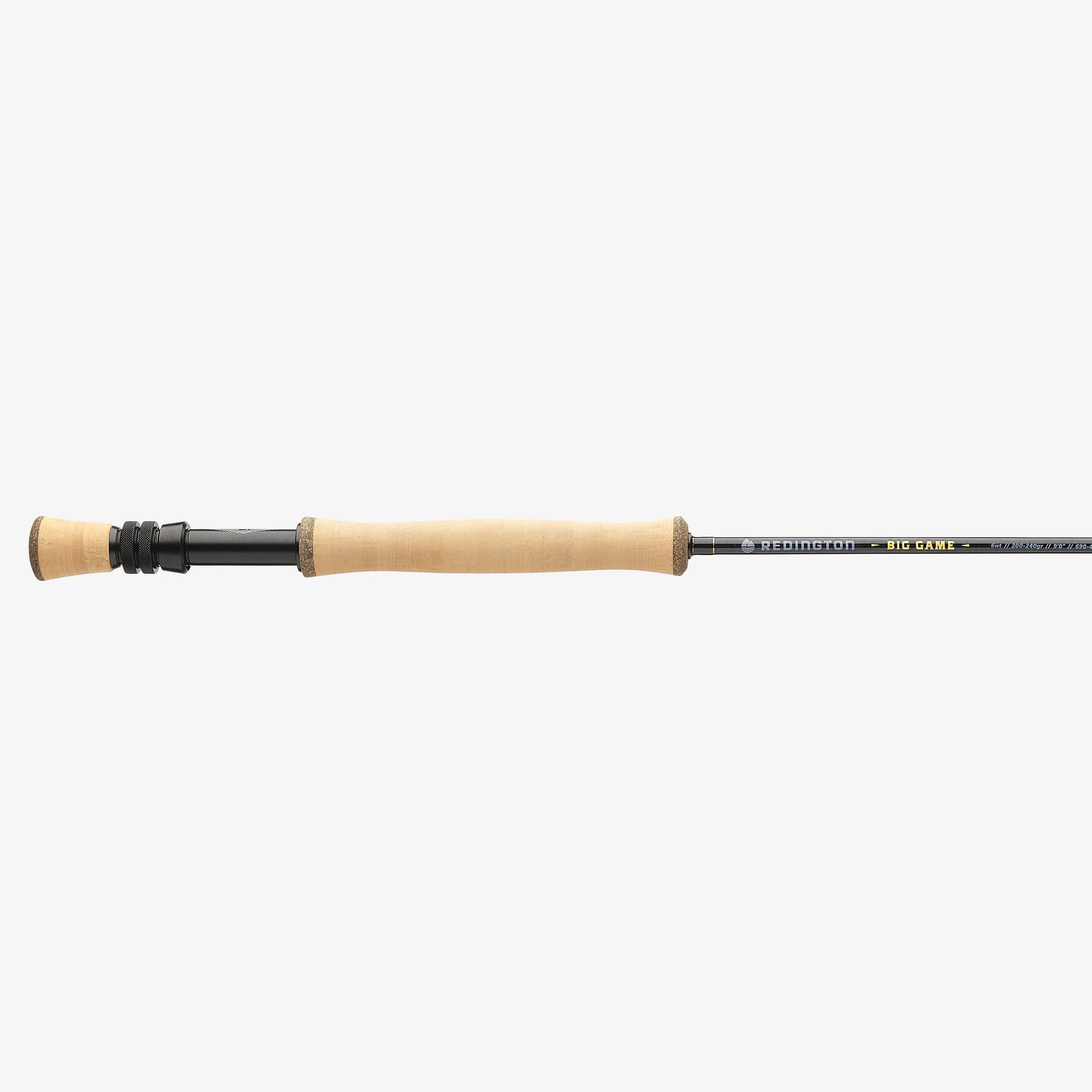 Fishing rod with beige handle and black components on a white background