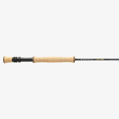 Fishing rod with beige handle and black components on a white background