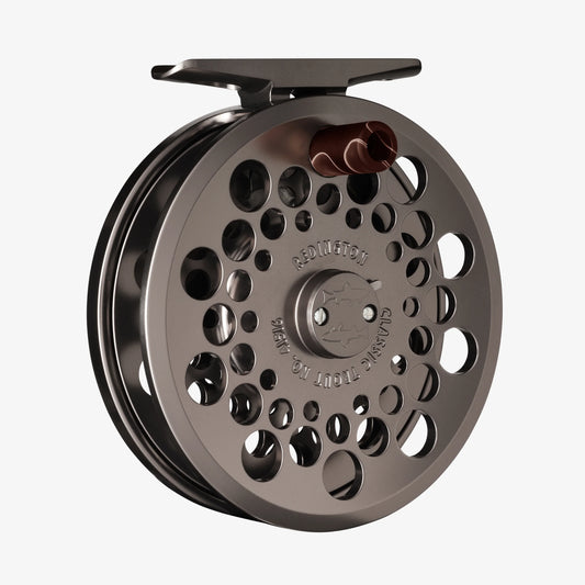 Fly fishing reel with brand name on a white background