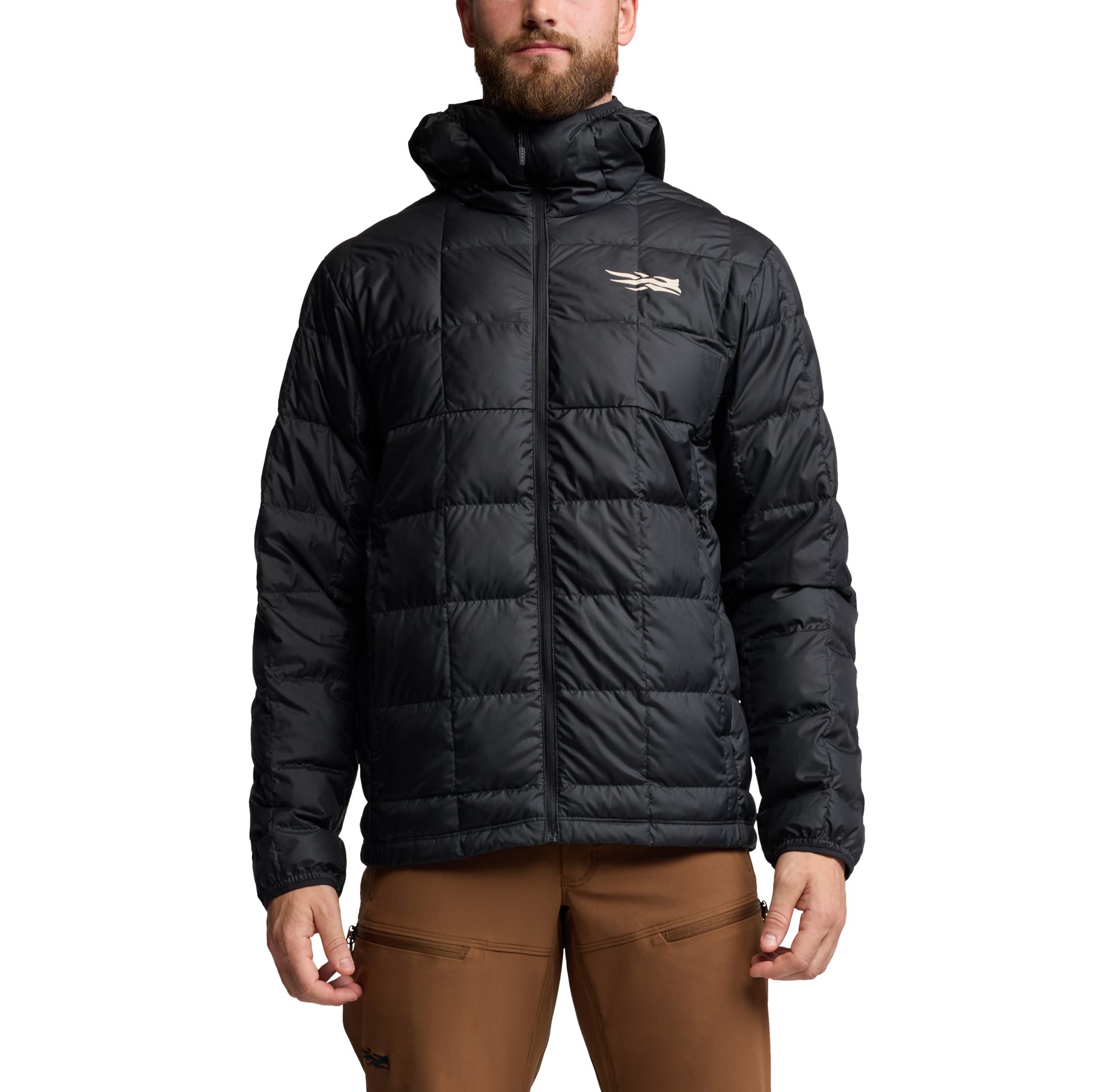 Man wearing a black puffer jacket with a brand logo on a white background