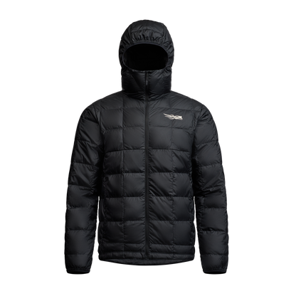 Black puffer jacket with a hood on a white background