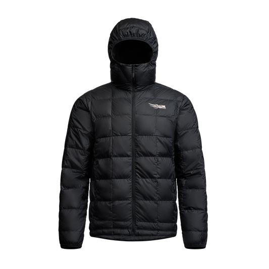 Black puffer jacket with a hood on a white background