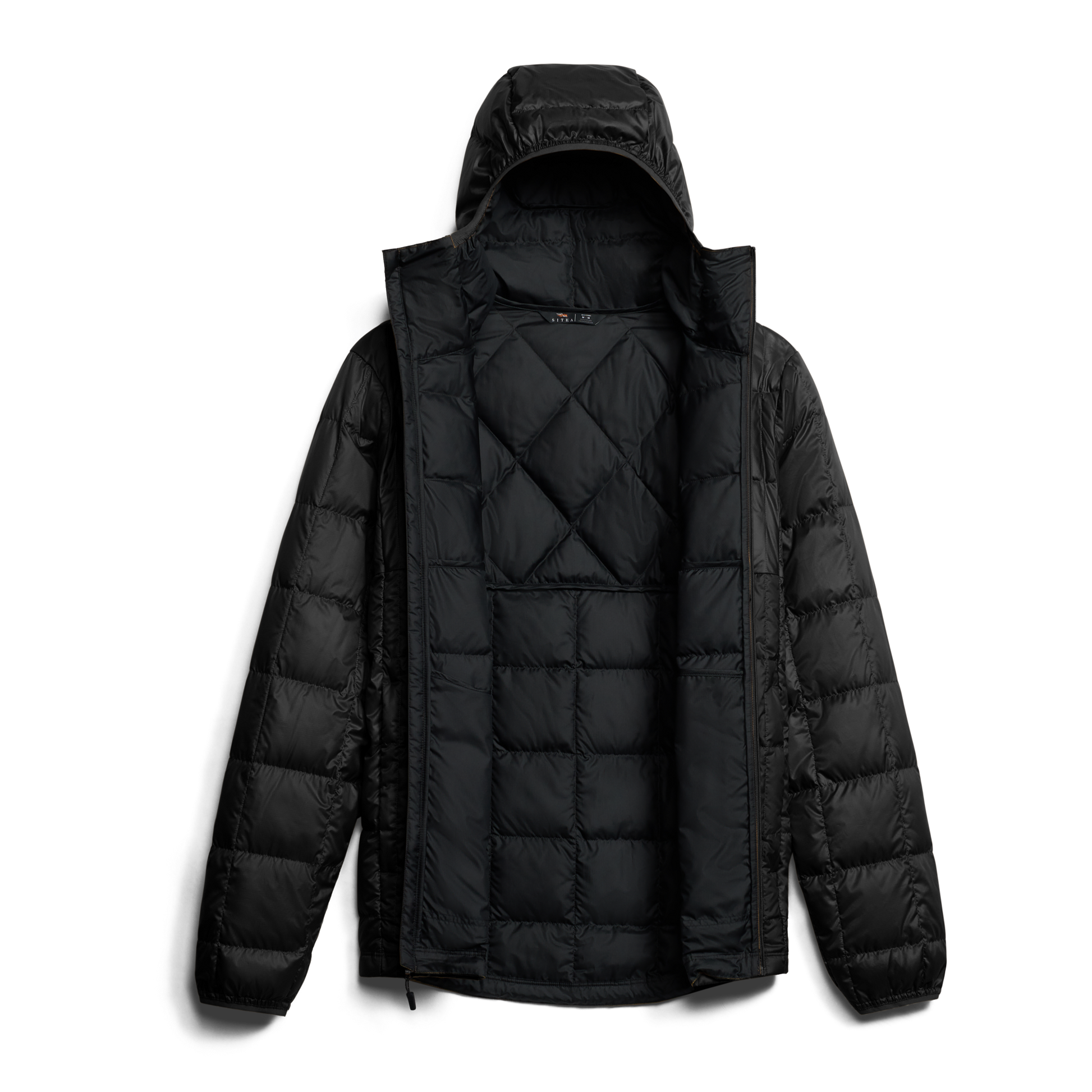 Black quilted jacket with a hood on a white background