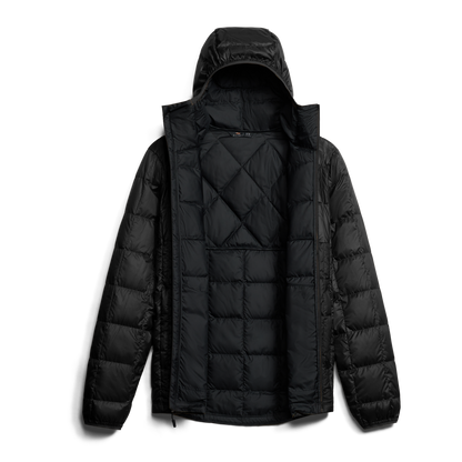 Black quilted jacket with a hood on a white background