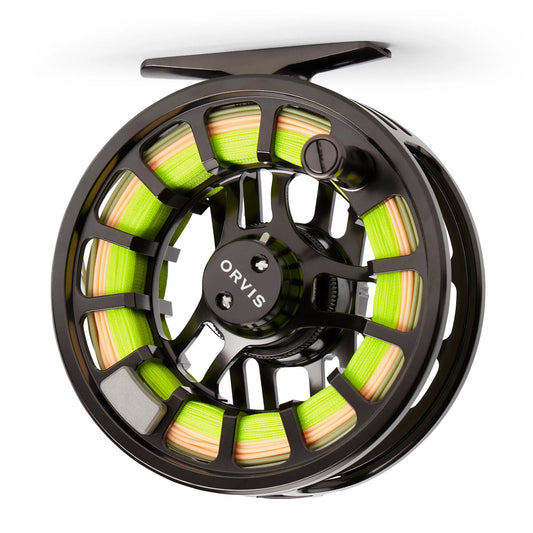 Orvis fishing reel with green and brown line on a white background