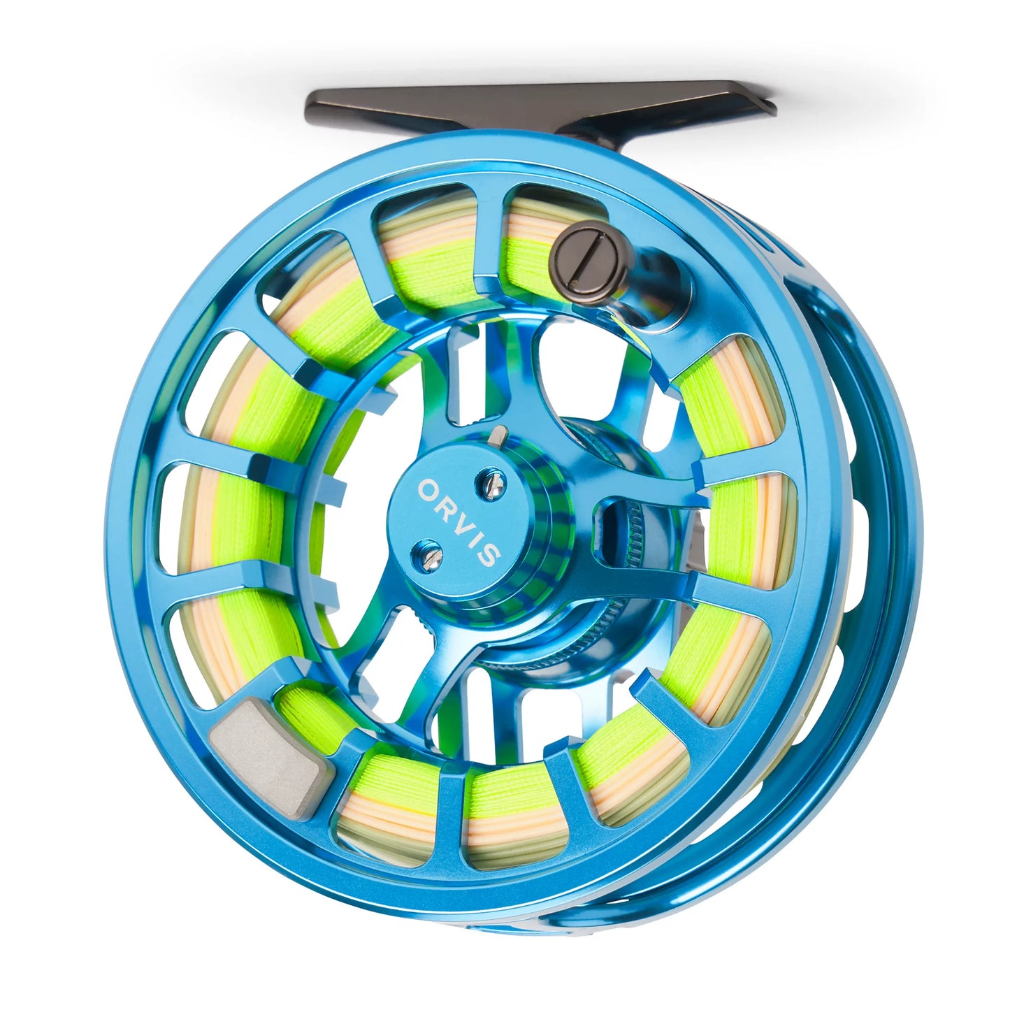 Blue fishing reel with green spool on a white background