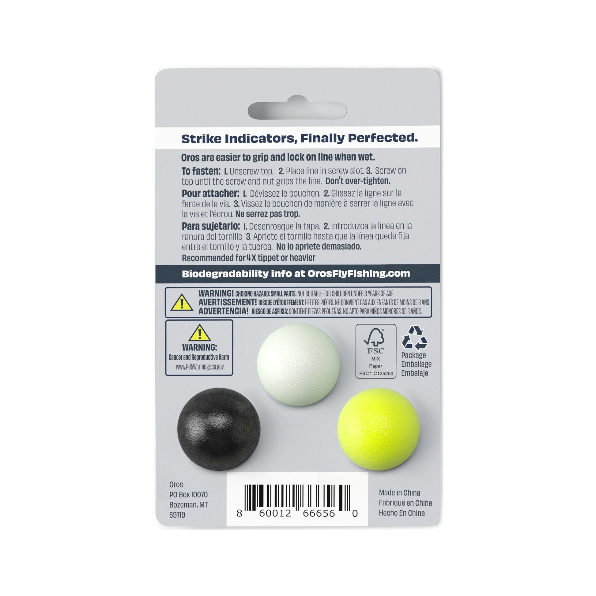 Back of Oros Strike Indicator Tech Pack packaging with multilingual instructions and product warnings