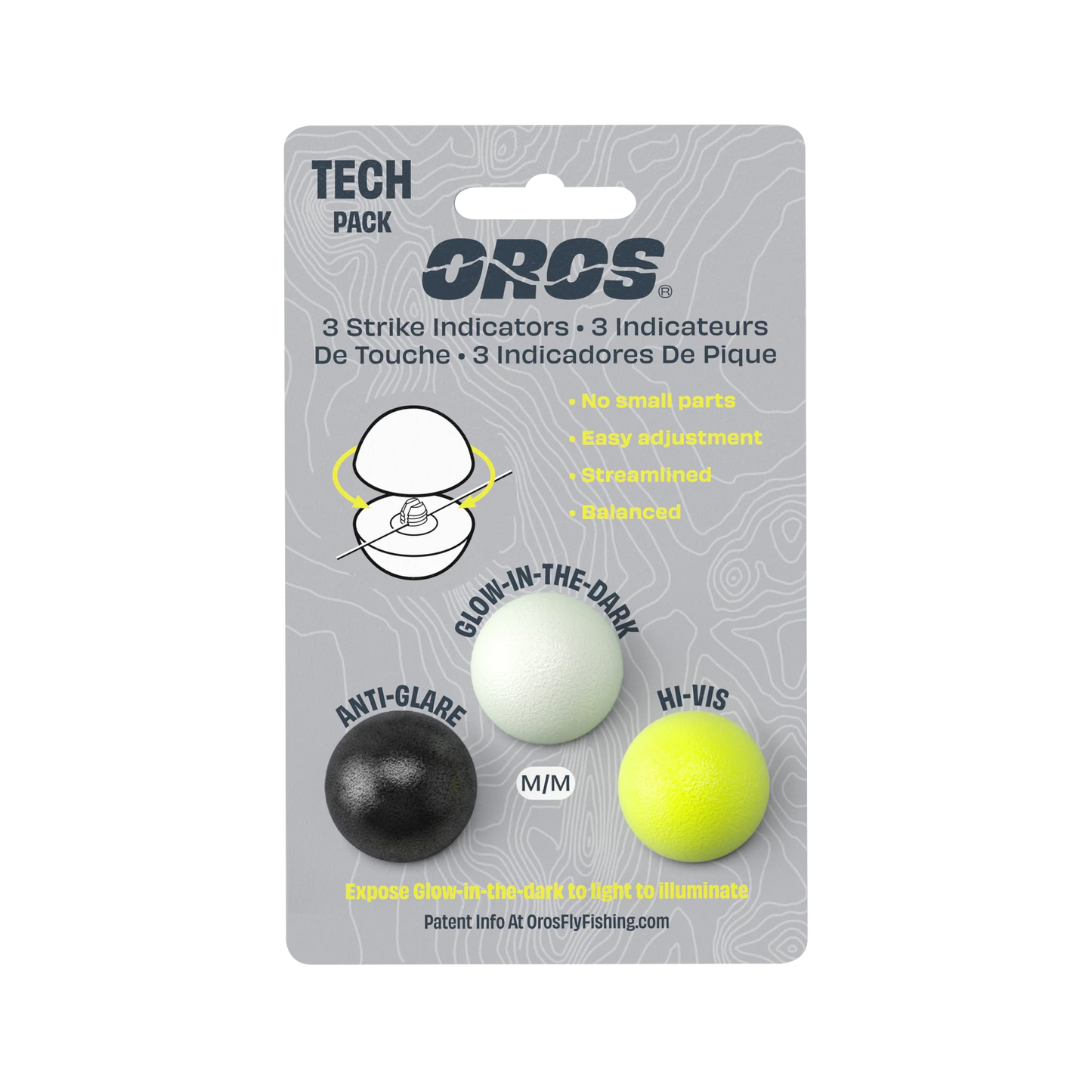 Front of Oros Strike Indicator Tech Pack showing three colors: black, glow-in-the-dark, and hi-vis yellow