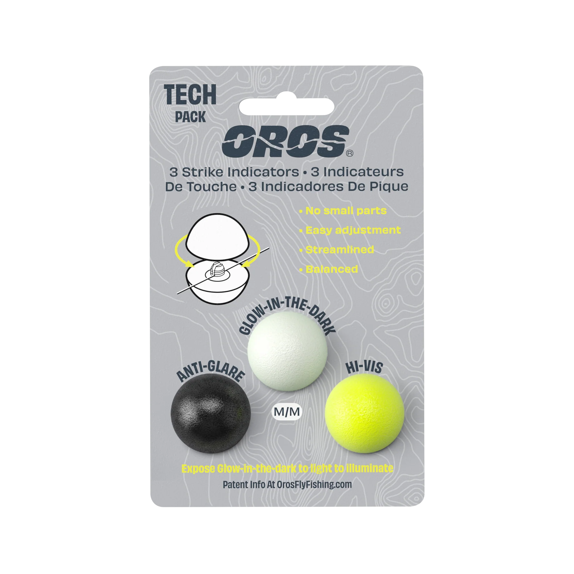 Front of Oros Strike Indicator Tech Pack showing three colors: black, glow-in-the-dark, and hi-vis yellow