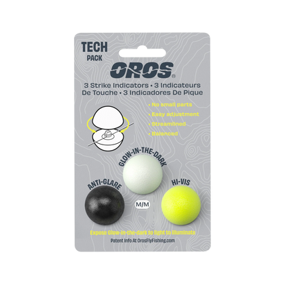 Front of Oros Strike Indicator Tech Pack showing three colors: black, glow-in-the-dark, and hi-vis yellow