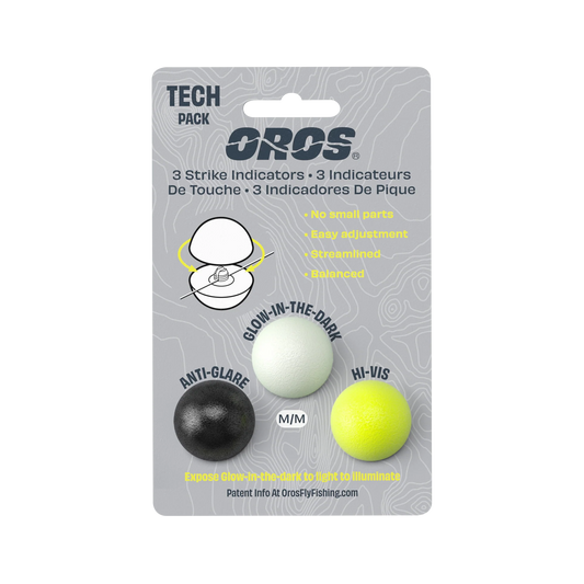 Front of Oros Strike Indicator Tech Pack showing three colors: black, glow-in-the-dark, and hi-vis yellow