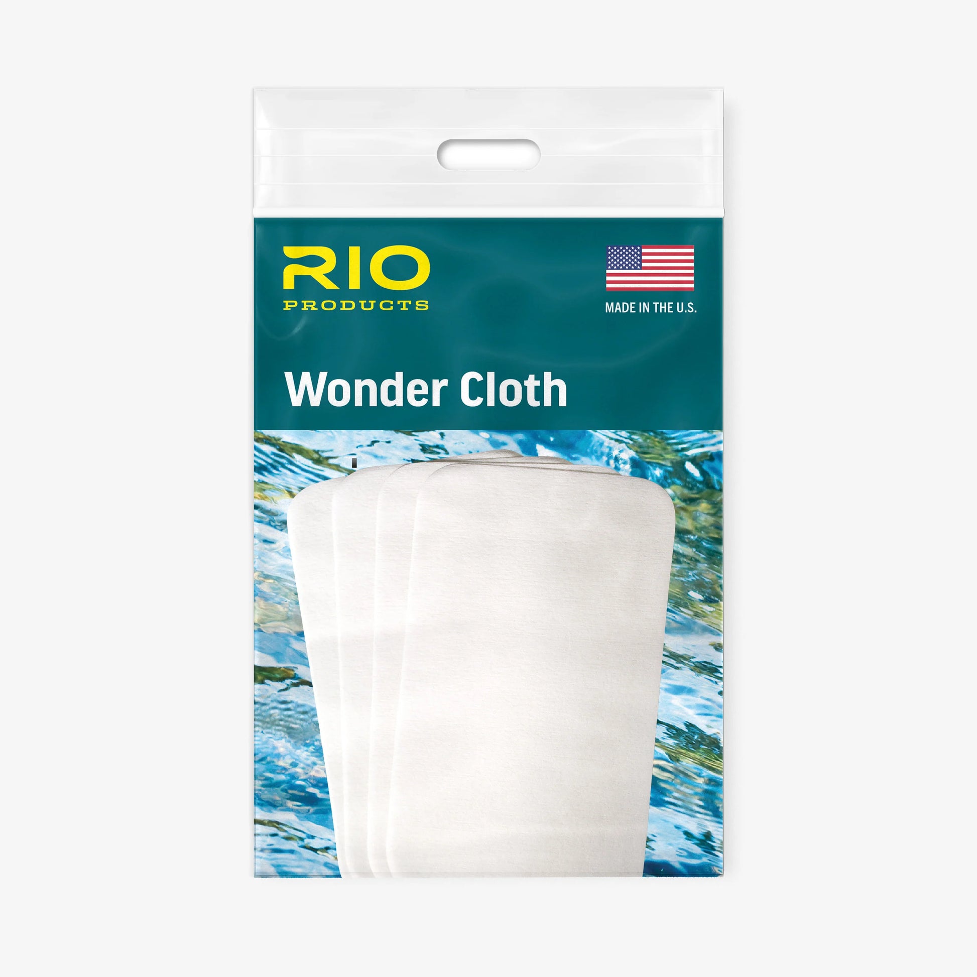 Packaged RIO Wonder Cloth featuring several white cloths stacked in front of a blue water background.