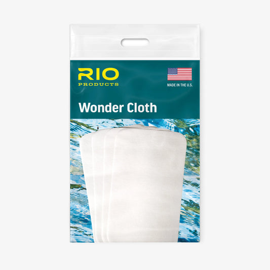 Packaged RIO Wonder Cloth featuring several white cloths stacked in front of a blue water background.