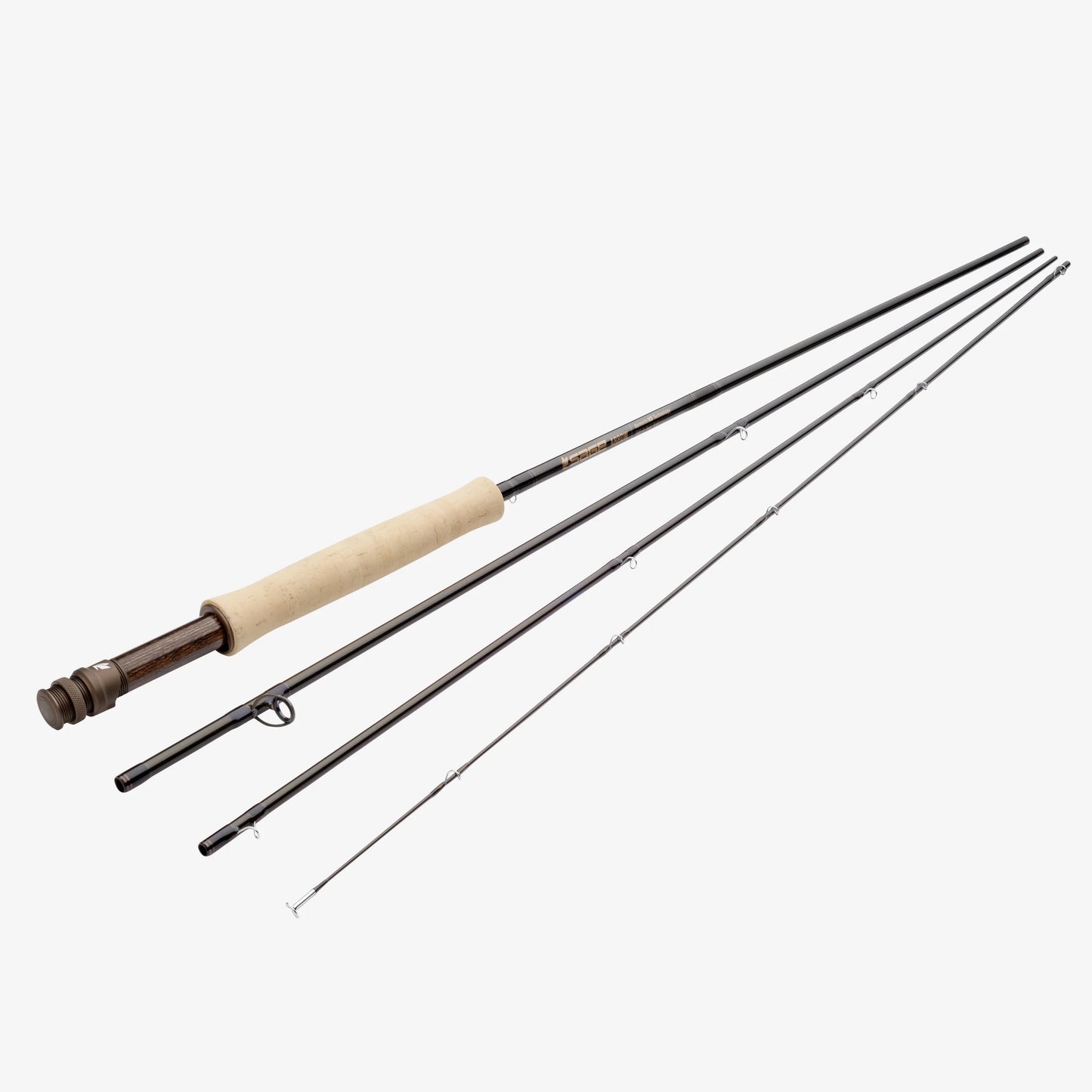 Fully assembled Sage Arrow fly rod in four pieces with cork handle, laid out diagonally on a white background.