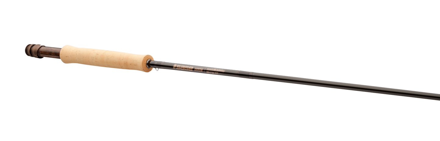 Close-up of the Sage Arrow 5wt fly rod grip and reel seat with western-style cork handle and wood insert.