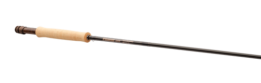 Close-up of the Sage Arrow 5wt fly rod grip and reel seat with western-style cork handle and wood insert.