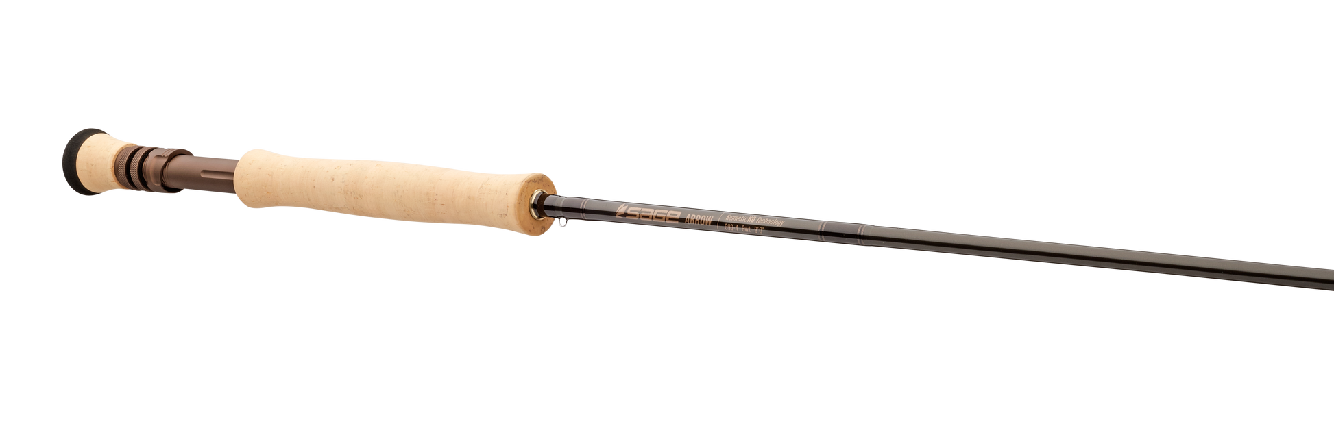 Close-up of the Sage Arrow 8wt fly rod grip and reel seat with full wells cork handle and anodized aluminum hardware.