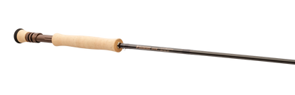 Close-up of the Sage Arrow 8wt fly rod grip and reel seat with full wells cork handle and anodized aluminum hardware.