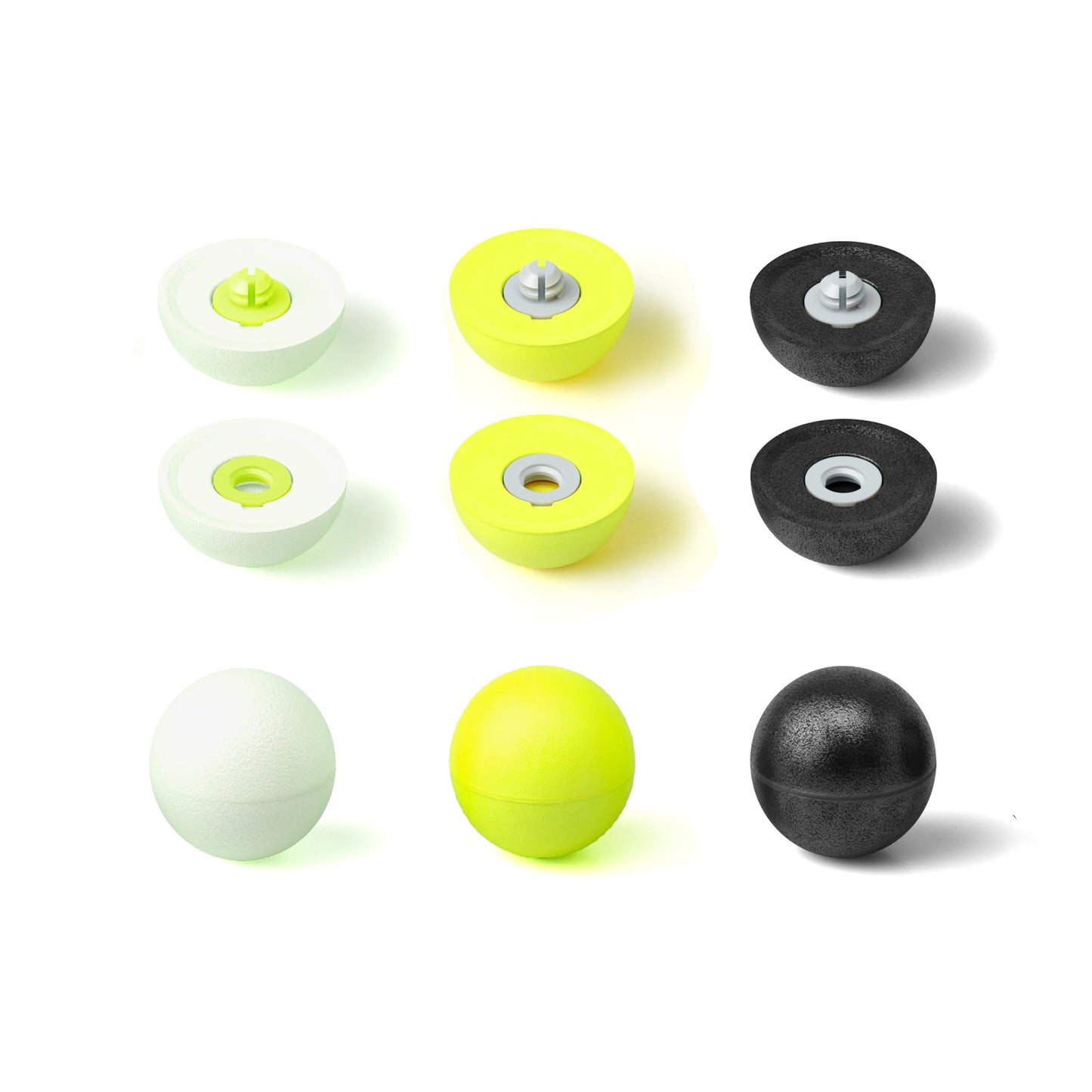 Oros Strike Indicators disassembled and assembled in black, glow-in-the-dark, and hi-vis yellow variants