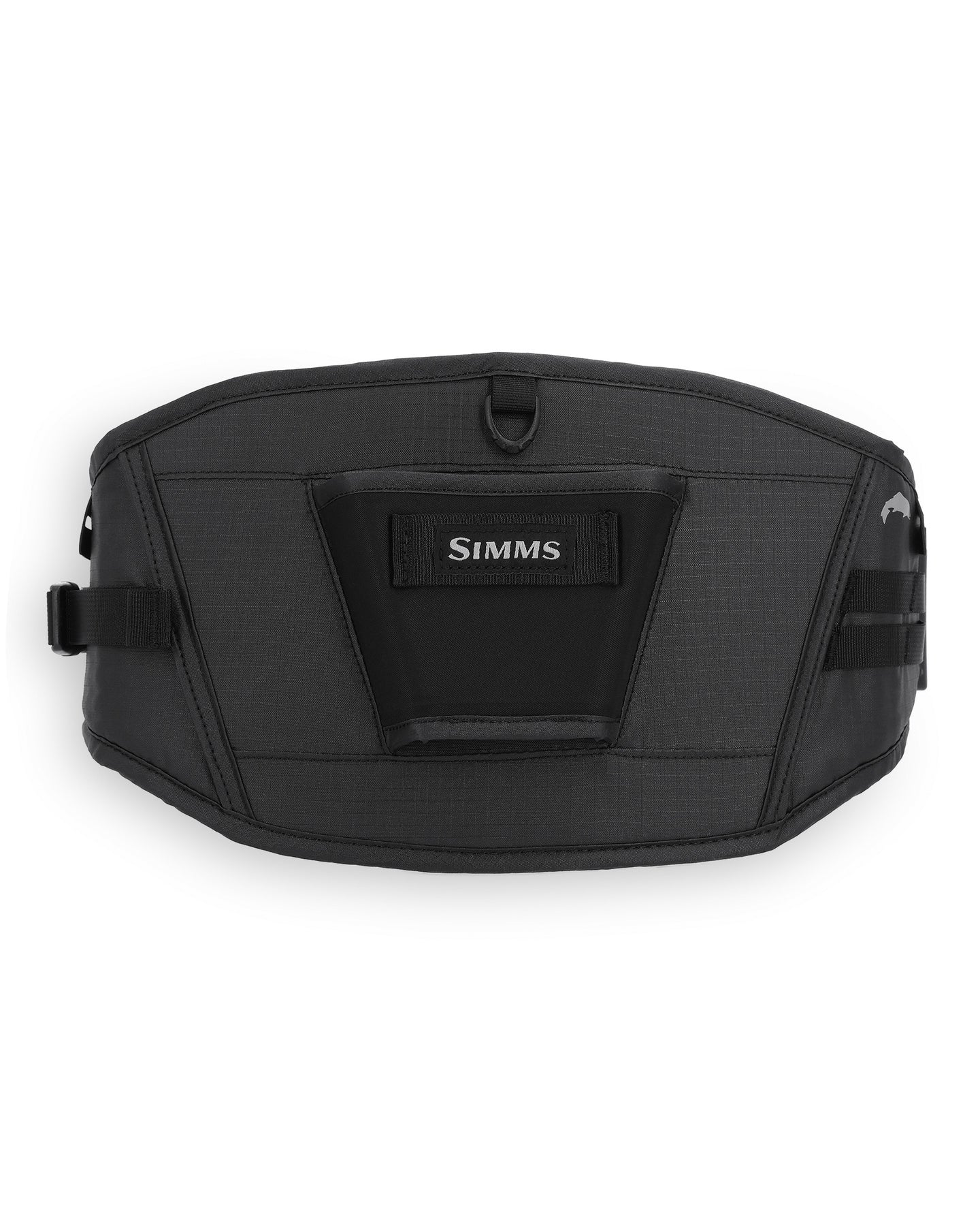 Front view of the Simms Access Tech Belt showing the Velcro patch and MOLLE webbing.