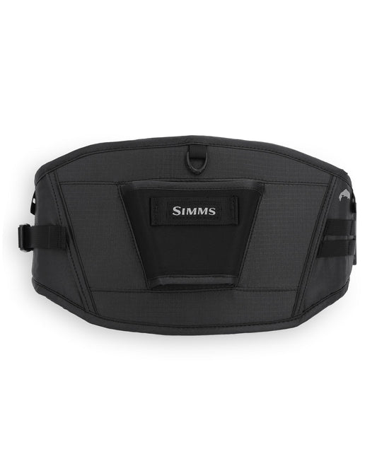 Front view of the Simms Access Tech Belt showing the Velcro patch and MOLLE webbing.