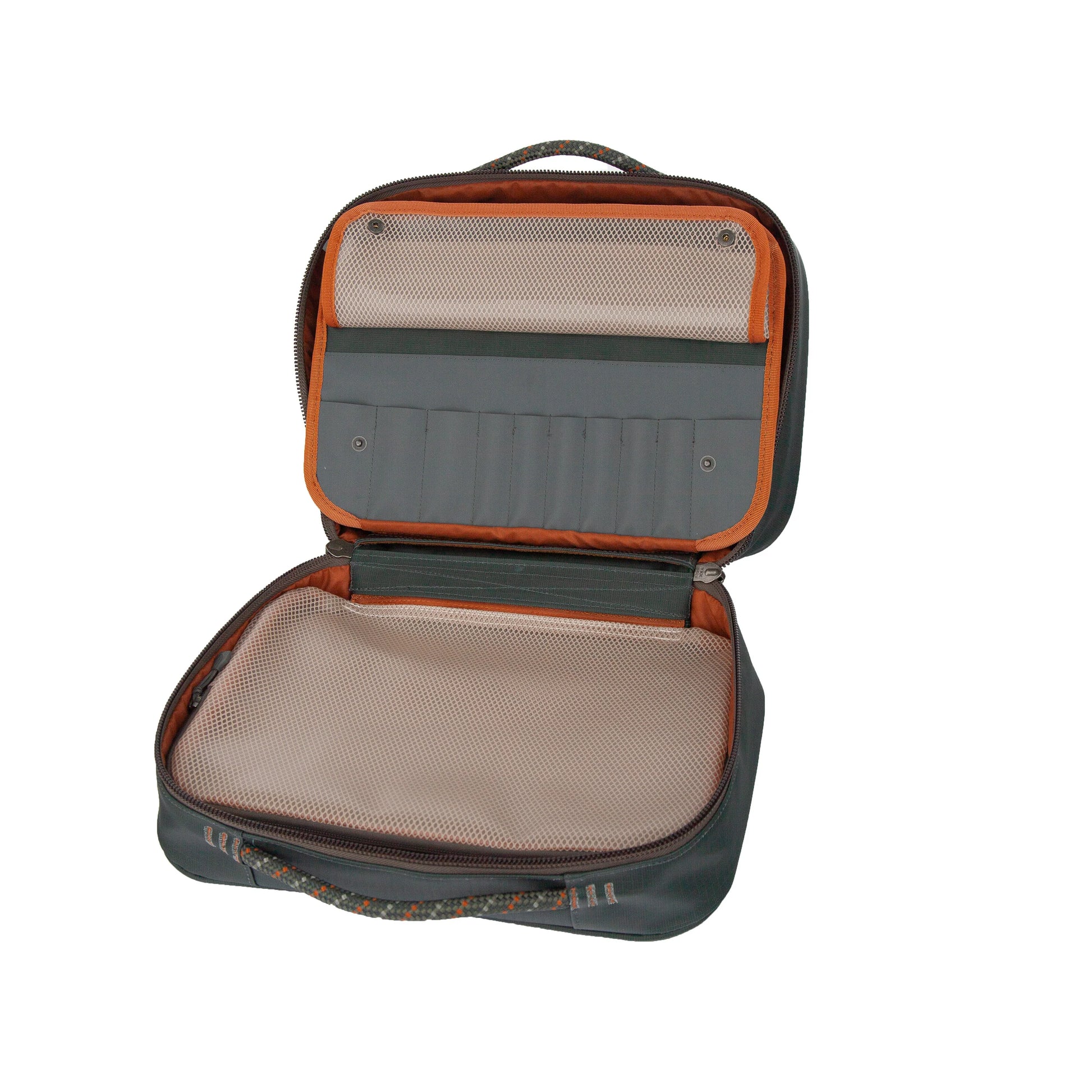 Interior view of the Fishpond Backwater Fly Tying Kit with compartments and mesh pockets open
