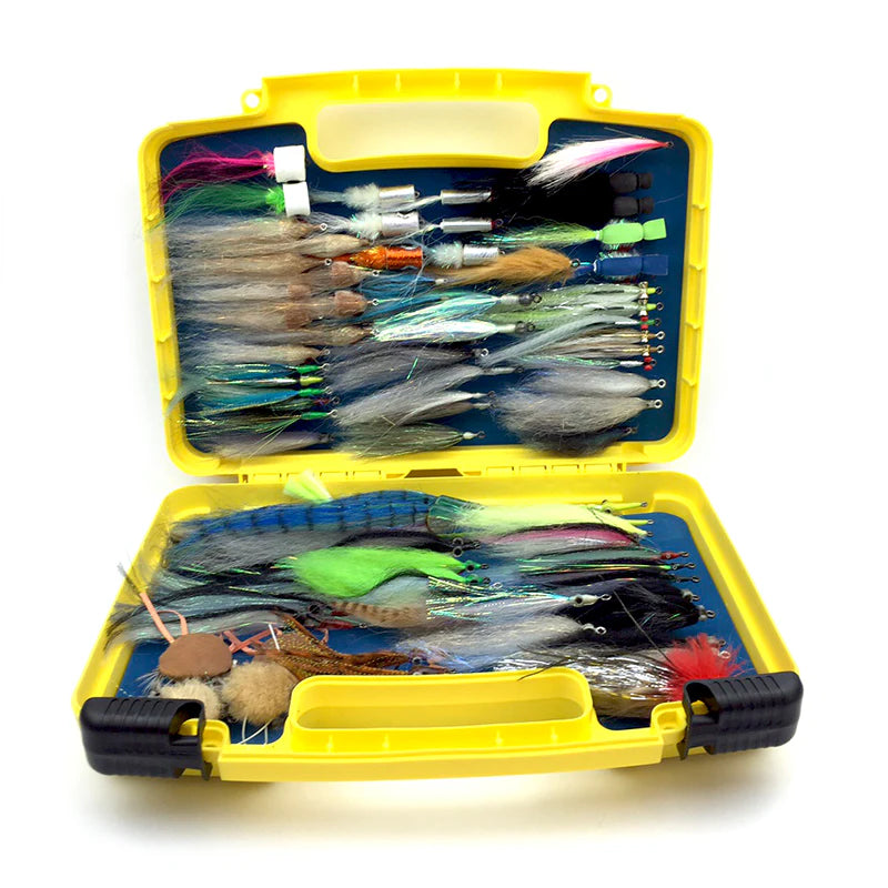 Open Bugger Beast fly box filled with large colorful streamers and bass flies.