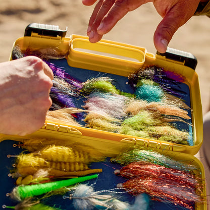 Cliff's Bugger Beast Jr. fly box shown both open with large flies and closed with branding label.
