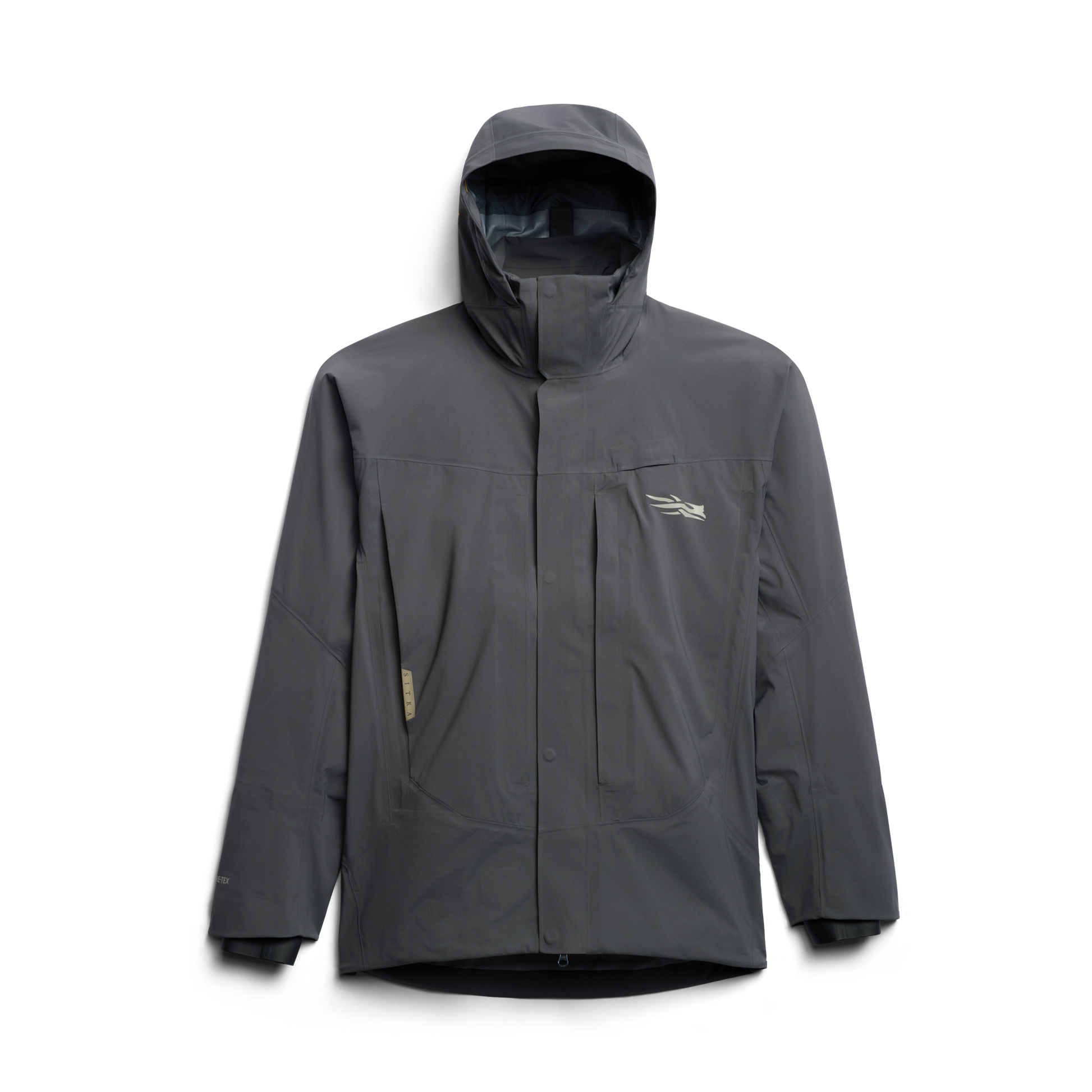 Front view of the Sitka CAT-5 Jacket in iron grey, showing waterproof shell and hood.