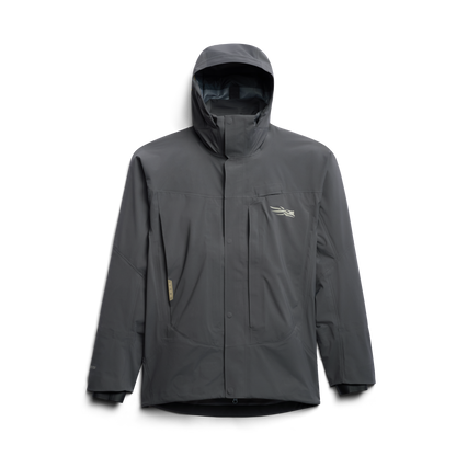 Front view of the Sitka CAT-5 Jacket in iron grey, showing waterproof shell and hood.