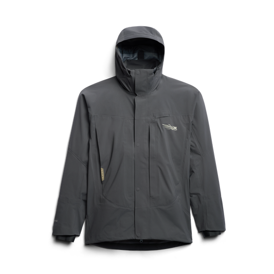 Front view of the Sitka CAT-5 Jacket in iron grey, showing waterproof shell and hood.