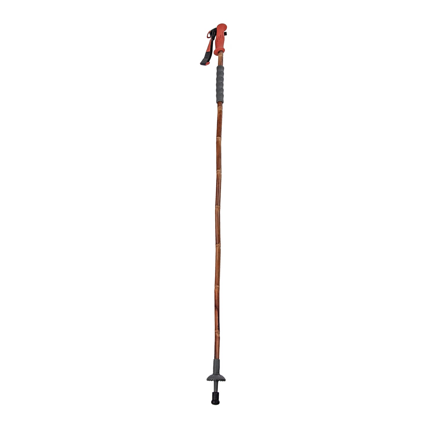 Full-length view of the Grass Sticks Wading Staff with bamboo shaft, rubber grip, and red handle