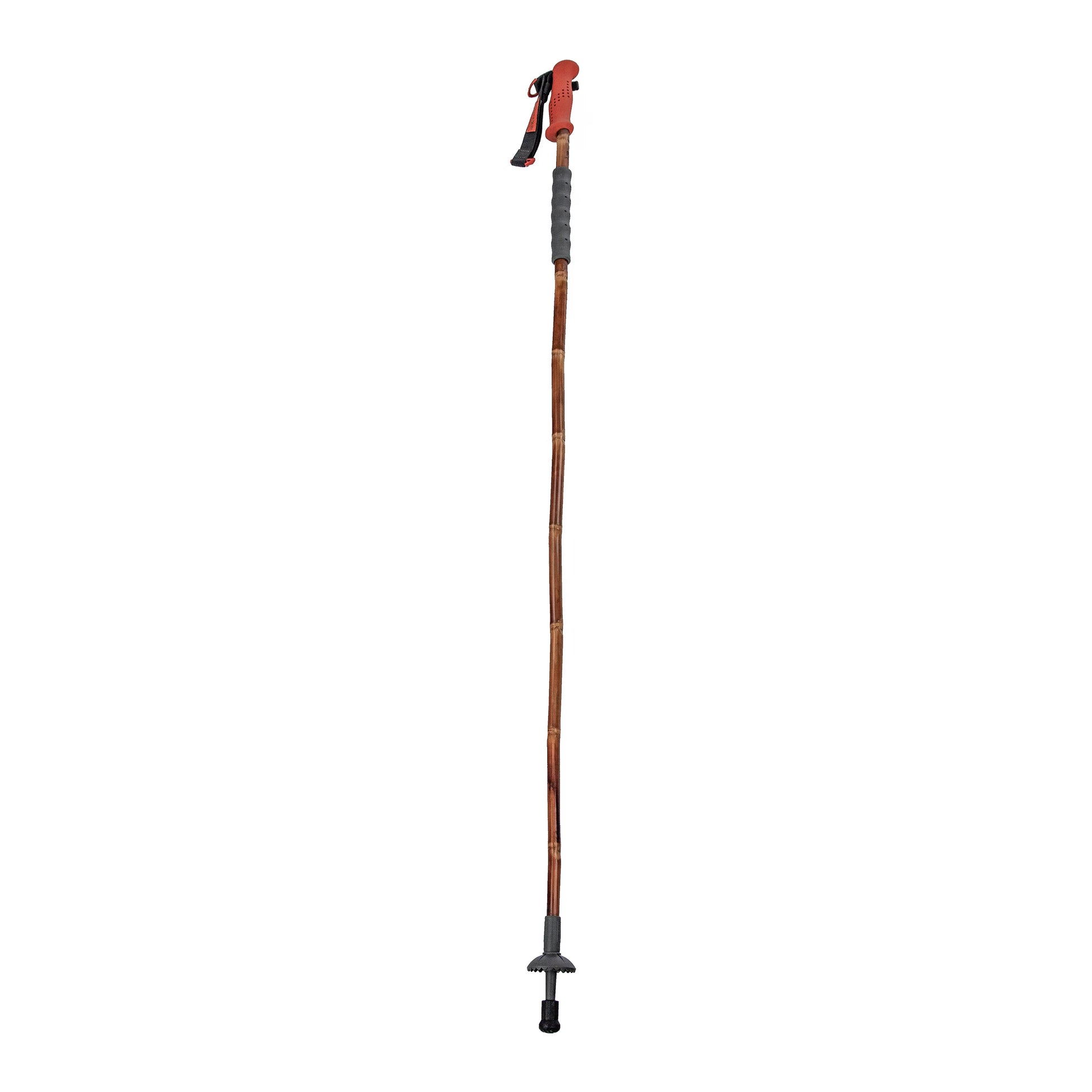 Full-length view of the Grass Sticks Wading Staff with bamboo shaft, rubber grip, and red handle