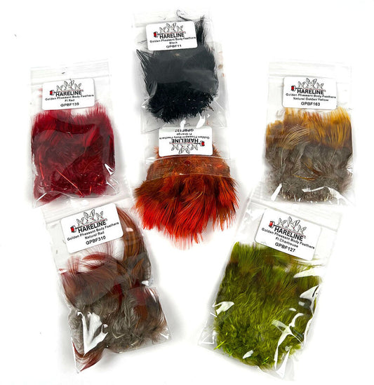 multiple packs of Hareline Golden Pheasant Body Feathers in various colors arranged on a white background