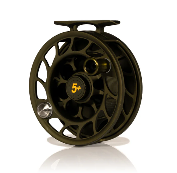 Hatch Matt Renner Collaboration Reel in 5+ size, shown in deep olive finish with large arbor design and bold yellow 5+ logo on the drag knob.