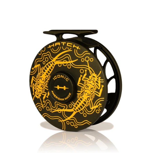 Limited-edition Hatch 5+ fly reel featuring Matt Renner’s stonefly artwork and Japanese rock garden-inspired linework in deep olive and yellow finish.
