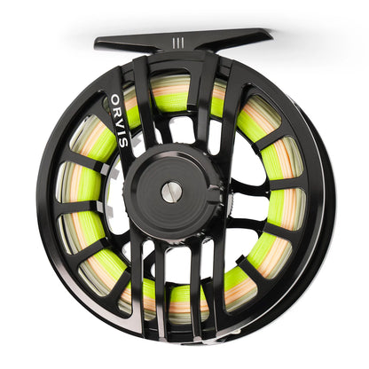 Orvis fly fishing reel with green and beige line on a white background
