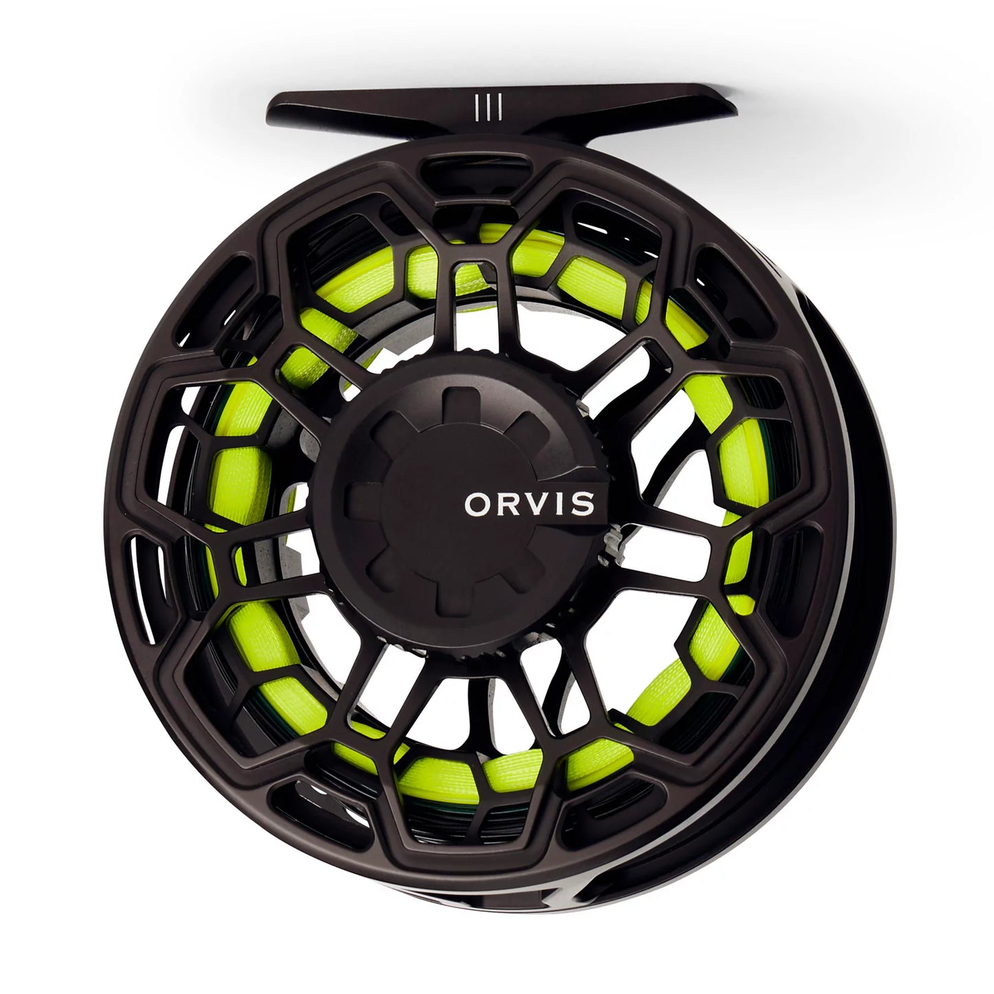 Back view of black Orvis Ratio fly reel showing drag knob and frame design