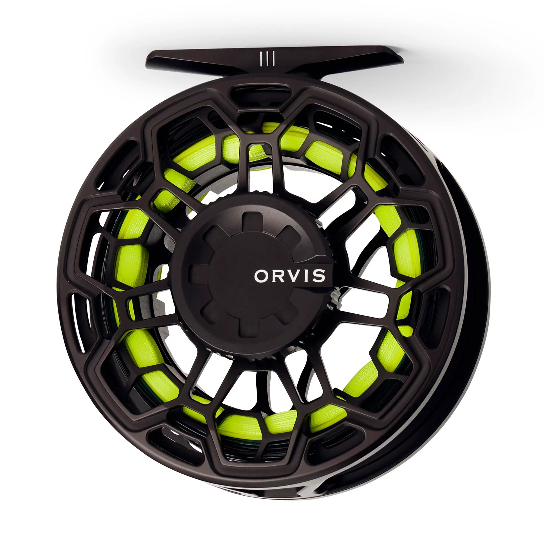 Back view of black Orvis Ratio fly reel showing drag knob and frame design