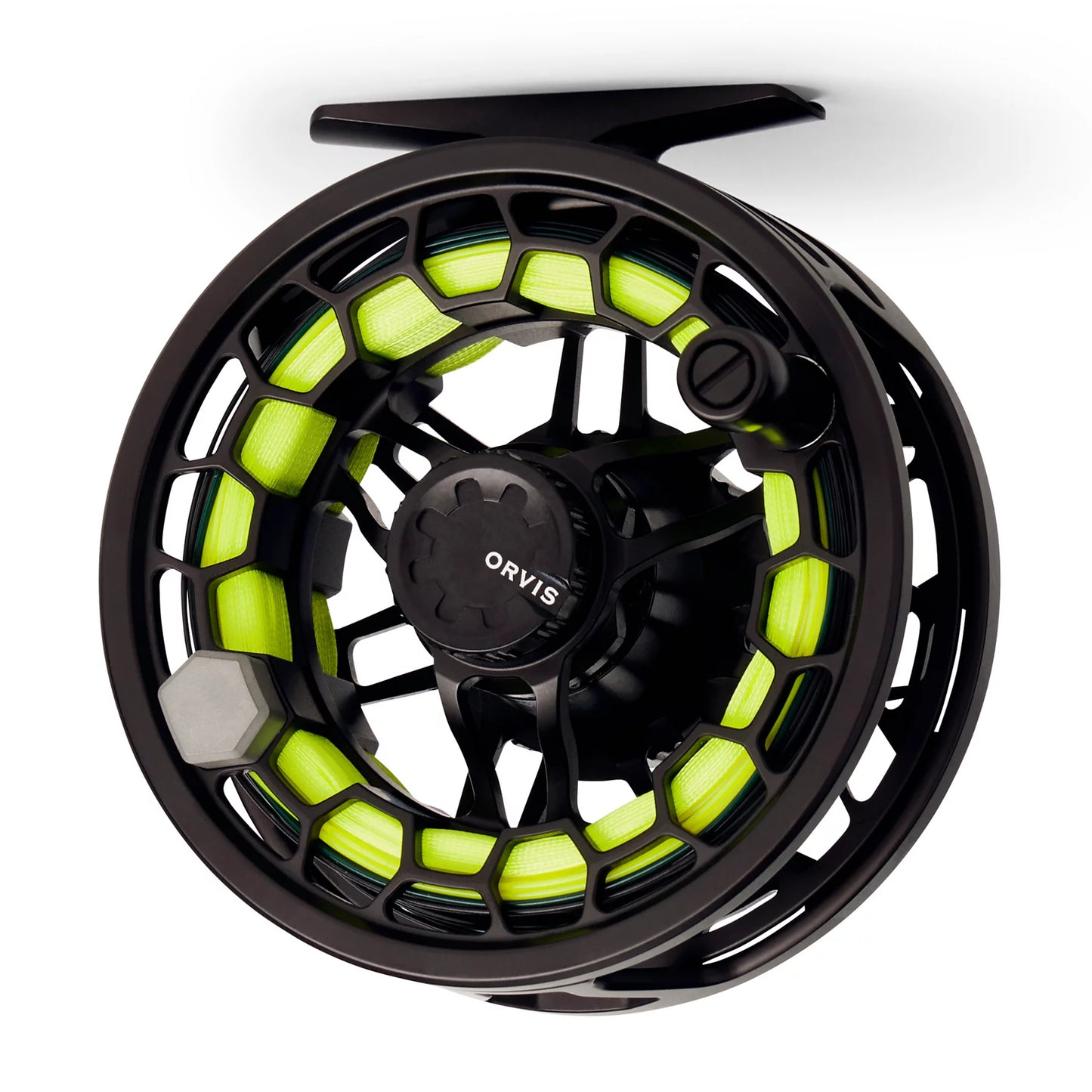 Black Orvis Ratio fly reel front view with bright green fly line spooled