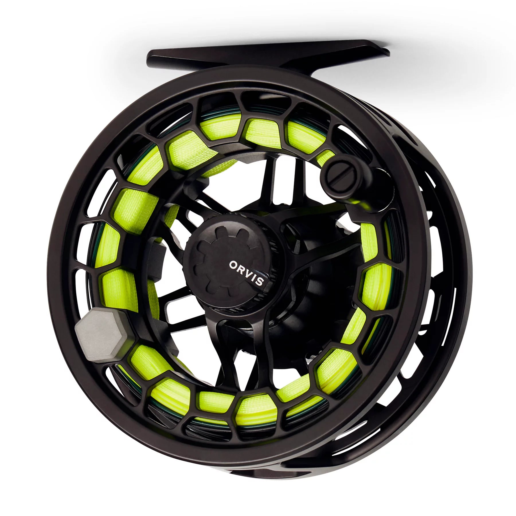 Black Orvis Ratio fly reel front view with bright green fly line spooled